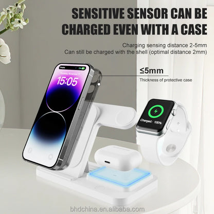 2025 New Trending 3 in 1 Wireless Charger Stand with Night Light 15w Fast Charging for Phone Watch Earphone