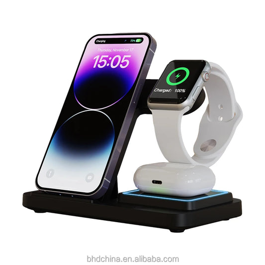 2025 New Trending 3 in 1 Wireless Charger Stand with Night Light 15w Fast Charging for Phone Watch Earphone