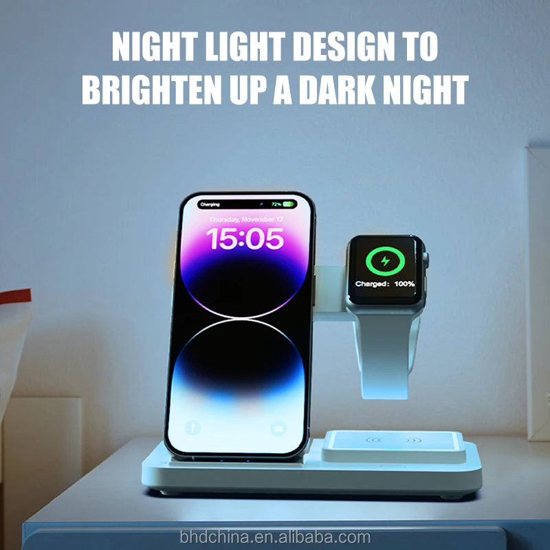 2025 New Trending 3 in 1 Wireless Charger Stand with Night Light 15w Fast Charging for Phone Watch Earphone